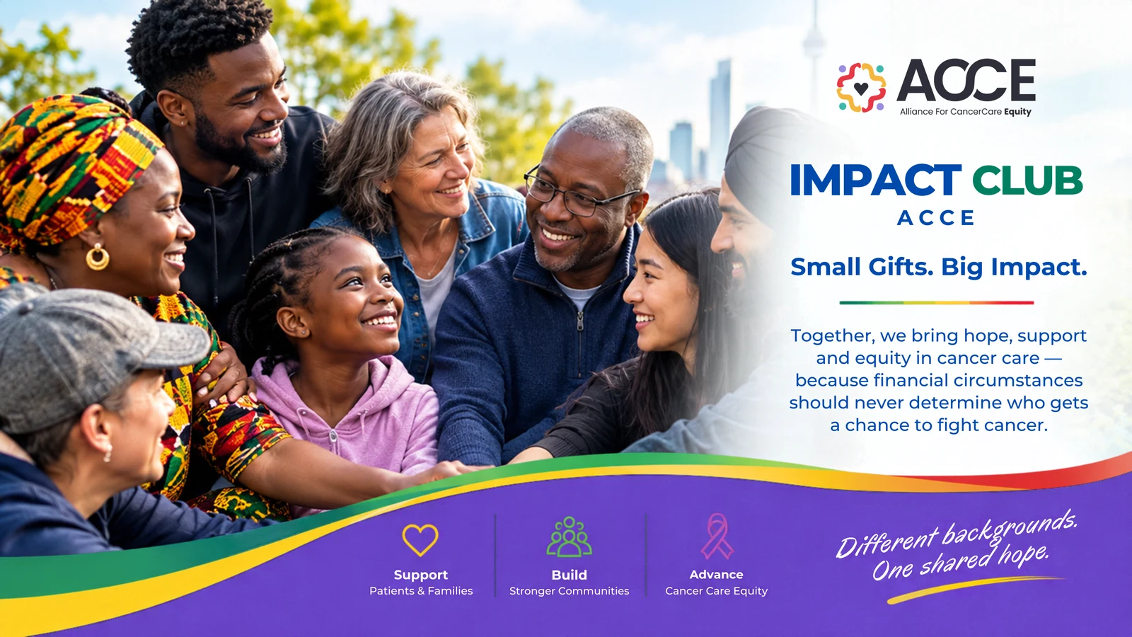 ACCE Impact Club campaign artwork showing a community gathered together, with the message: Small Gifts. Big Impact.
