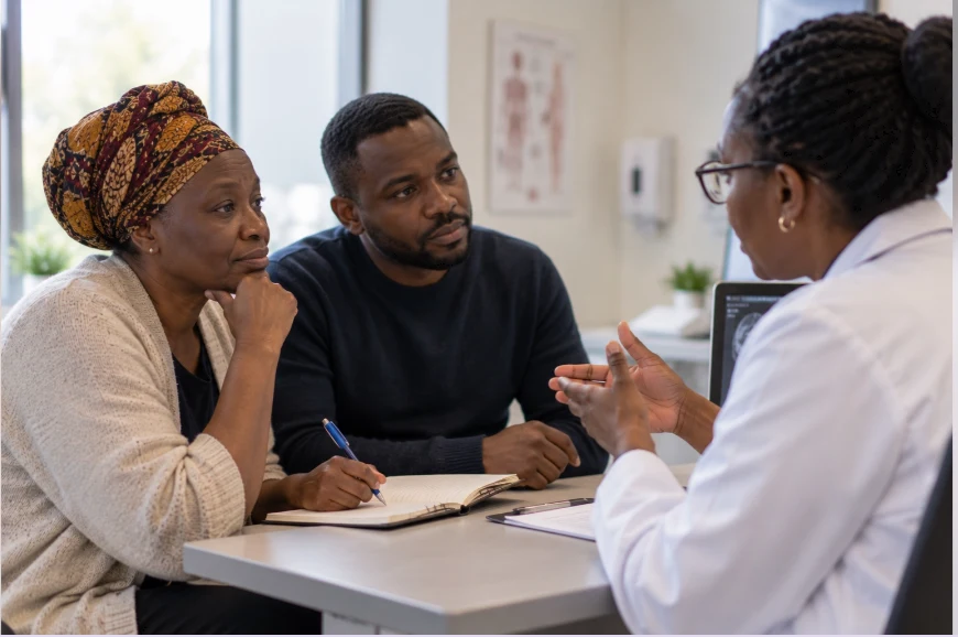 A clinician speaking with a family about their care